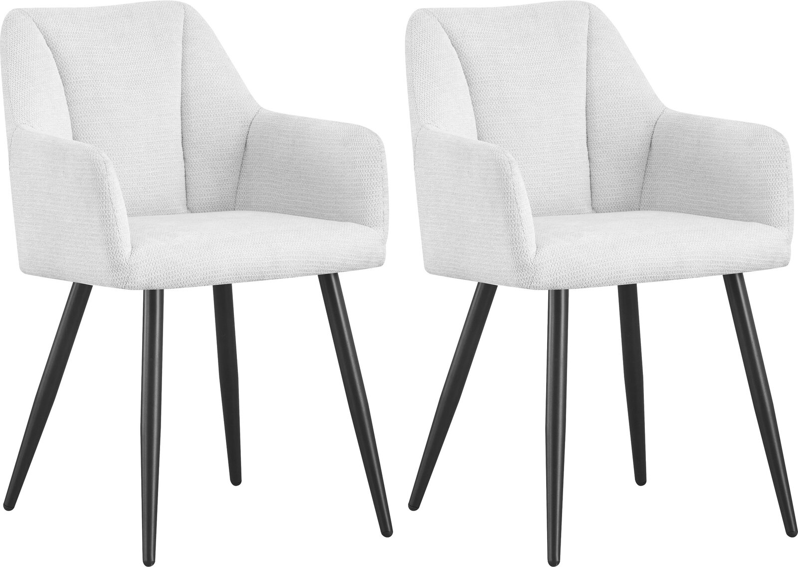 Zwei gepolsterte Esszimmerstühle mit Armlehnen in cremeweißem Strukturstoff und schwarzen, schräg stehenden Beinen, freigestellt auf weißem Hintergrund, in Frontansicht mit leichter Seitenperspektive.