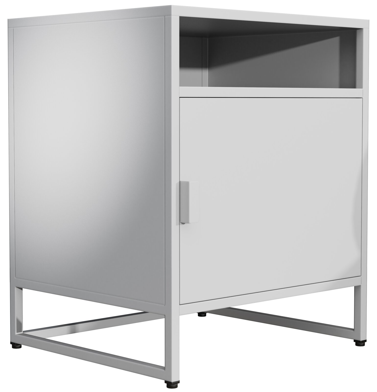Weißer Metallschrank/Beistellschrank mit Tür, offenem Fach oben und Metallgestell, freigestellt auf weißem Hintergrund, Ansicht schräg von vorn links.