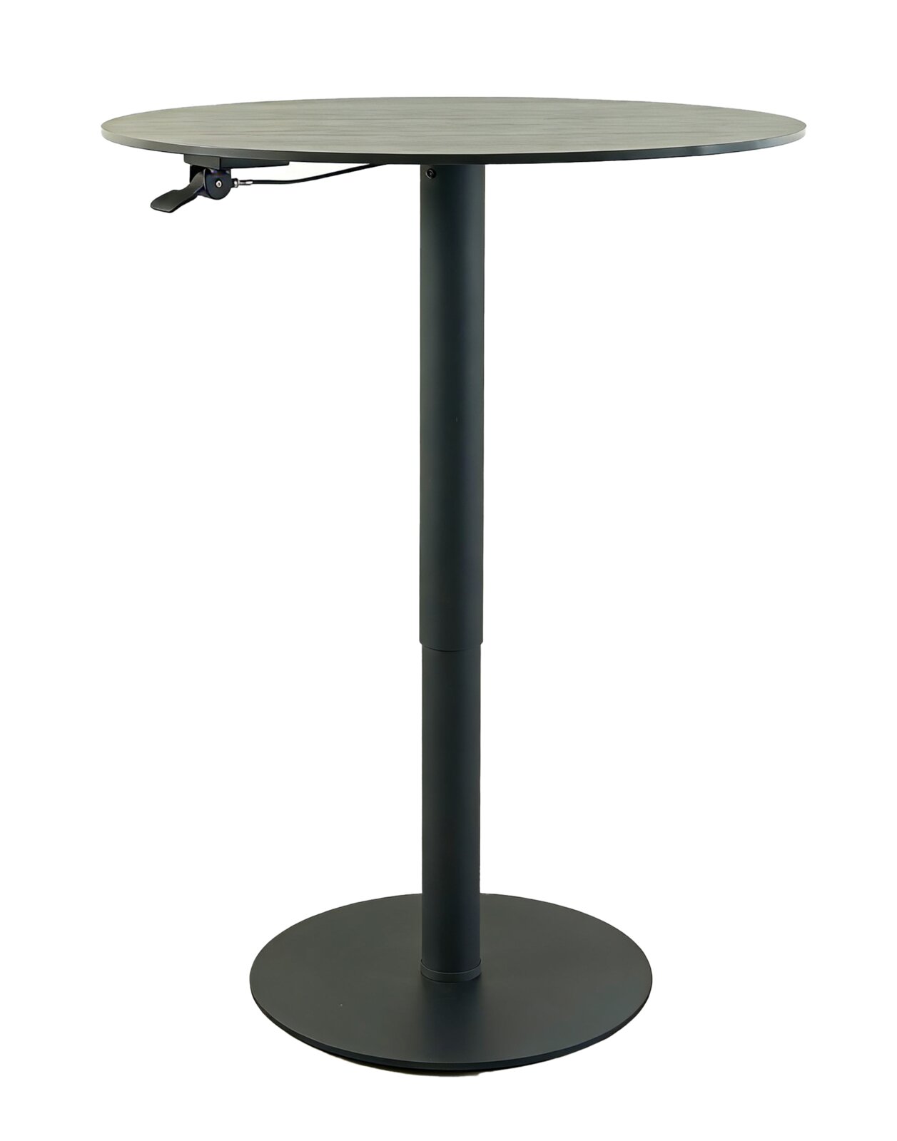 Runder Bartisch mit schwarzem Metallgestell, seitliche Ansicht