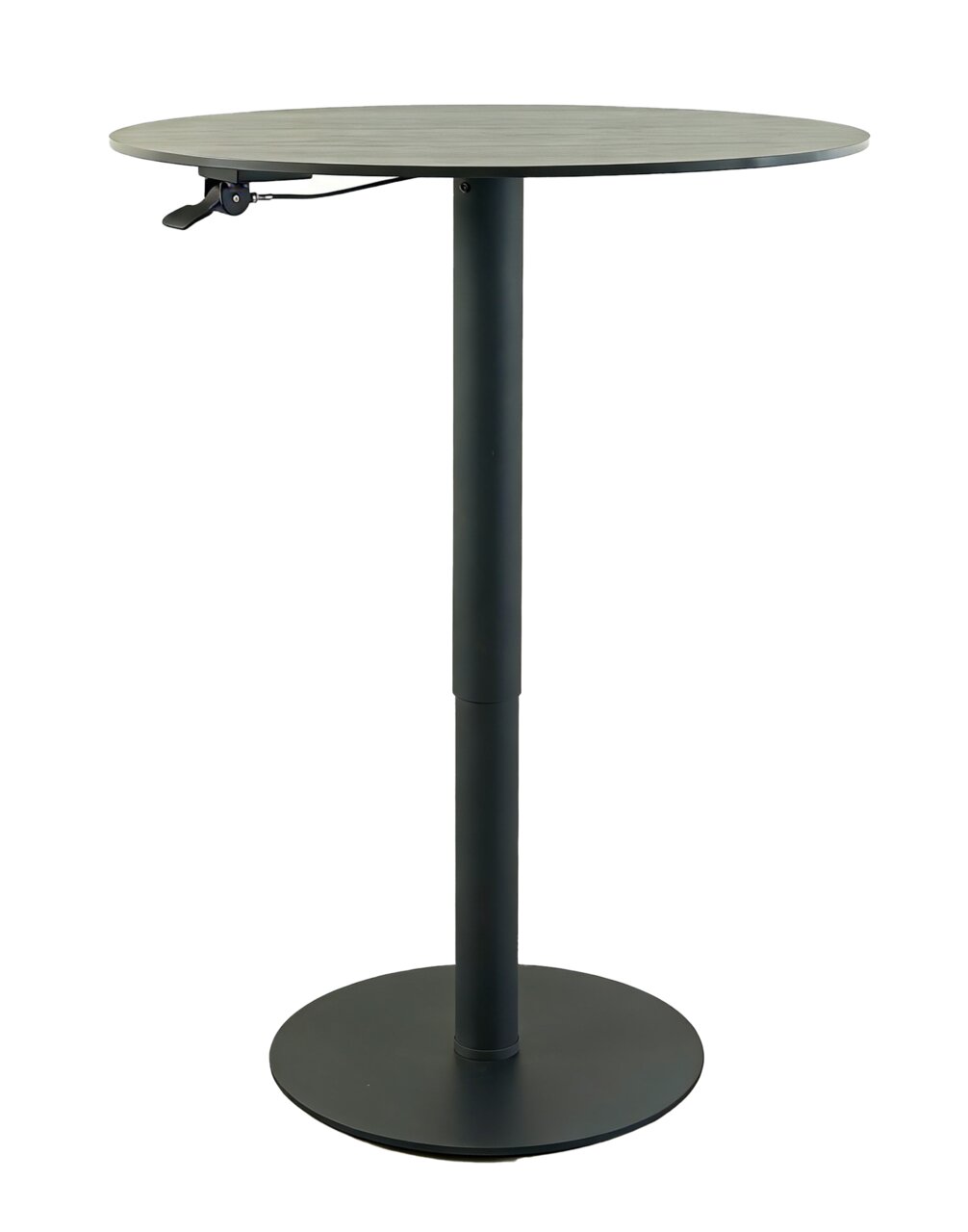 Ronde bartafel met zwart metalen onderstel, zijaanzicht