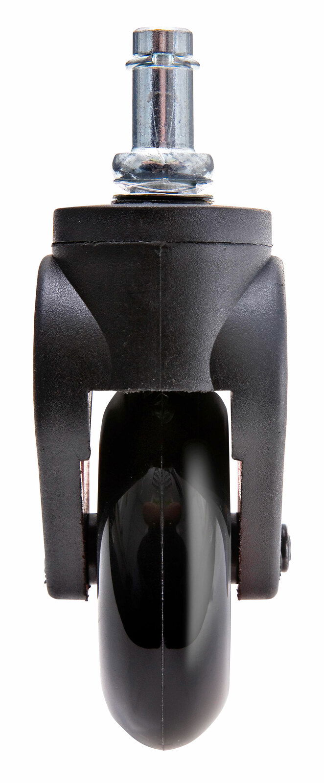 Vorderansicht einer Hartbodenrolle mit schwarzem Rad und silbernem Metallstift.