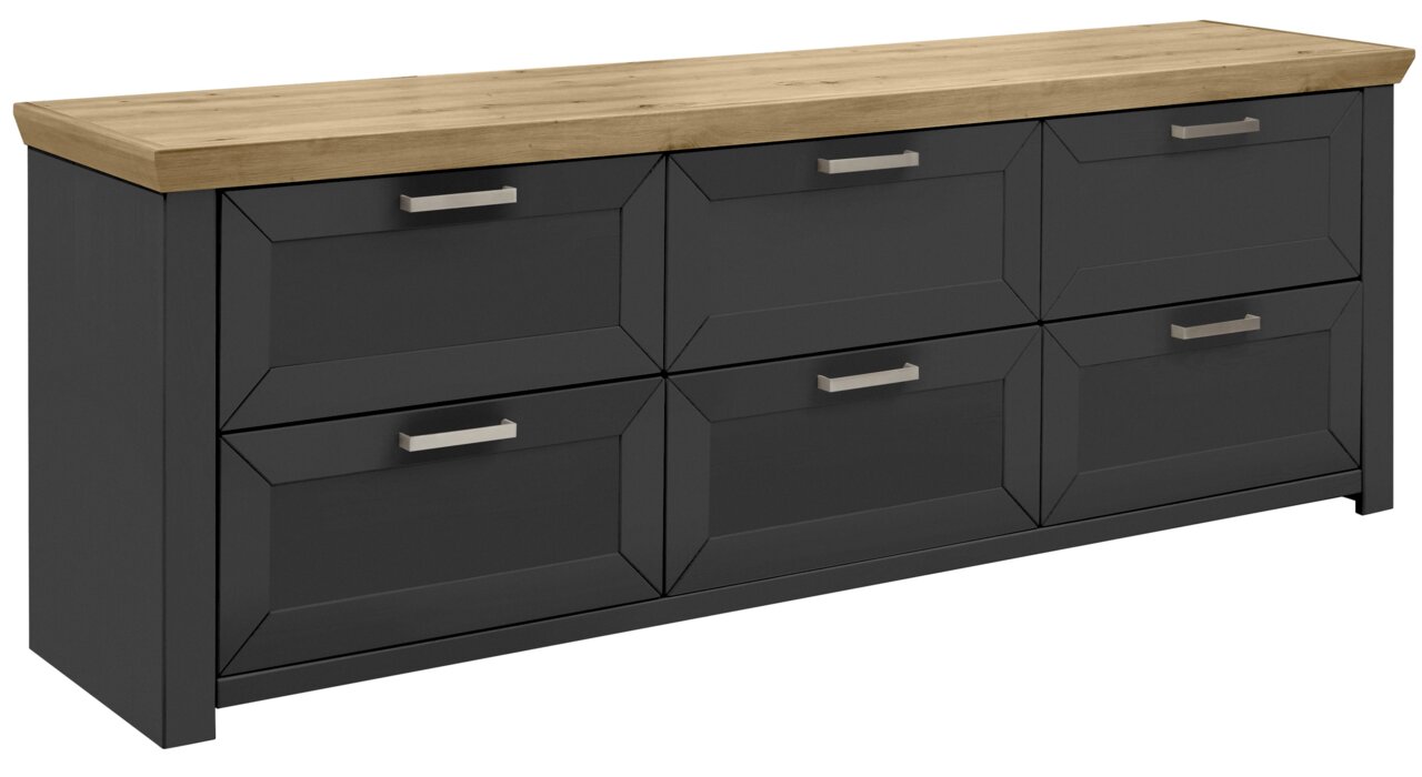 Set one by Musterring Sideboard SET ONE YORK Modernes Sideboard mit sechs Schubladen in dunklem Grau und einer Holzoberfläche, seitliche Perspektive