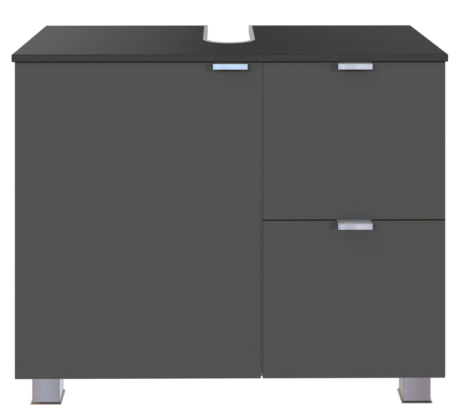 Moderner Waschbeckenunterschrank in dunklem Grau mit zwei Türen und einer Schublade, frontal betrachtet.