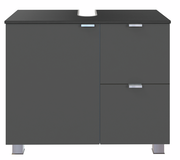 Moderner Waschbeckenunterschrank in dunklem Grau mit zwei Türen und einer Schublade, frontal betrachtet.
