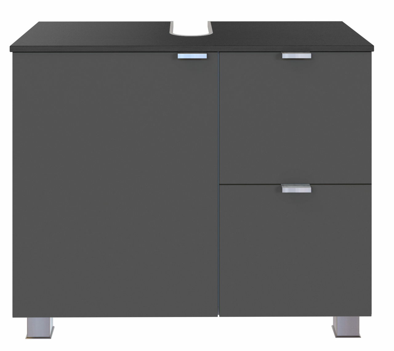 Moderner Waschbeckenunterschrank in dunklem Grau mit zwei Türen und einer Schublade, frontal betrachtet.