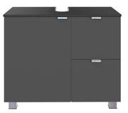 Moderner Waschbeckenunterschrank in dunklem Grau mit zwei Türen und einer Schublade, frontal betrachtet.