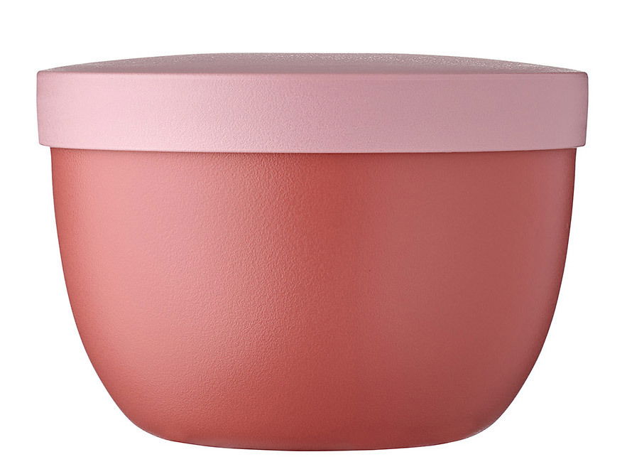 Runder Snackpot in Mauve mit passendem Deckel, seitliche Perspektive
