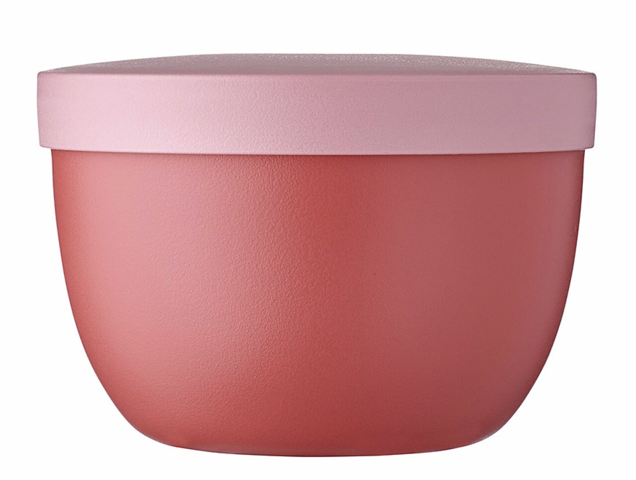 Runder Snackpot in Mauve mit passendem Deckel, seitliche Perspektive
