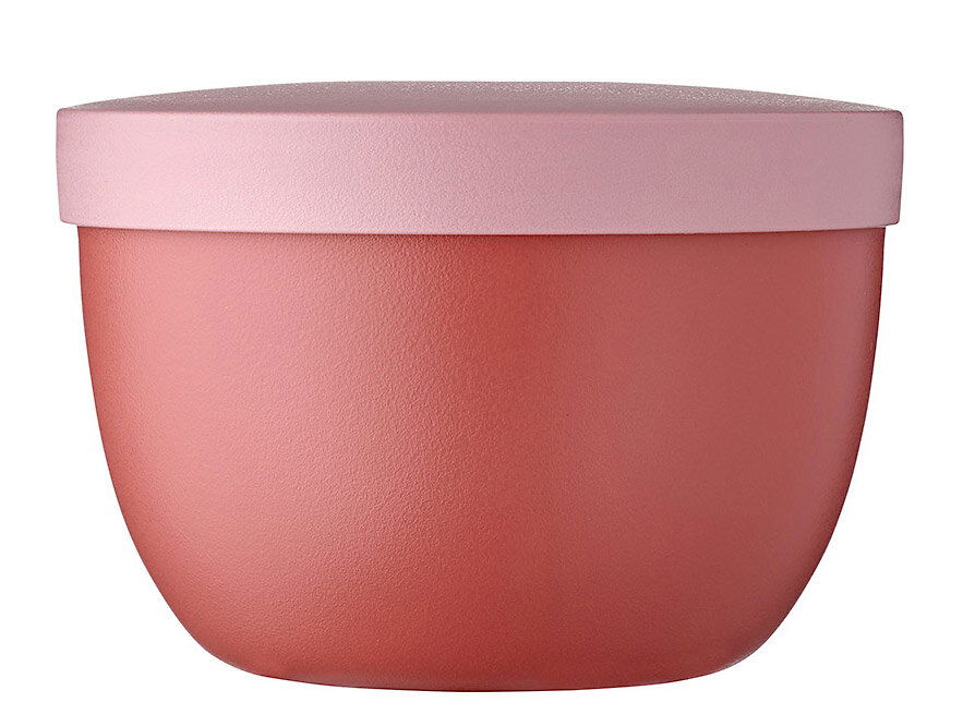Runder Snackpot in Mauve mit passendem Deckel, seitliche Perspektive