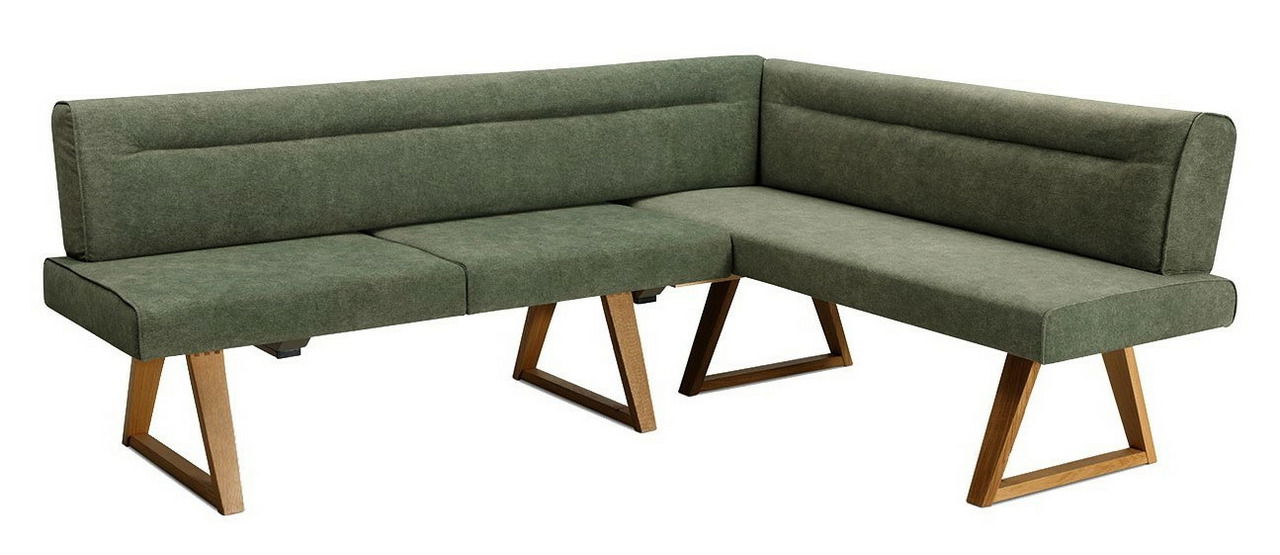 Moderano Eckbank LAURA Grüne Eckbank mit Holzbeinen, seitliche Perspektive