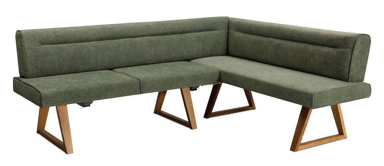 Moderano Eckbank LAURA Grüne Eckbank mit Holzbeinen, seitliche Perspektive