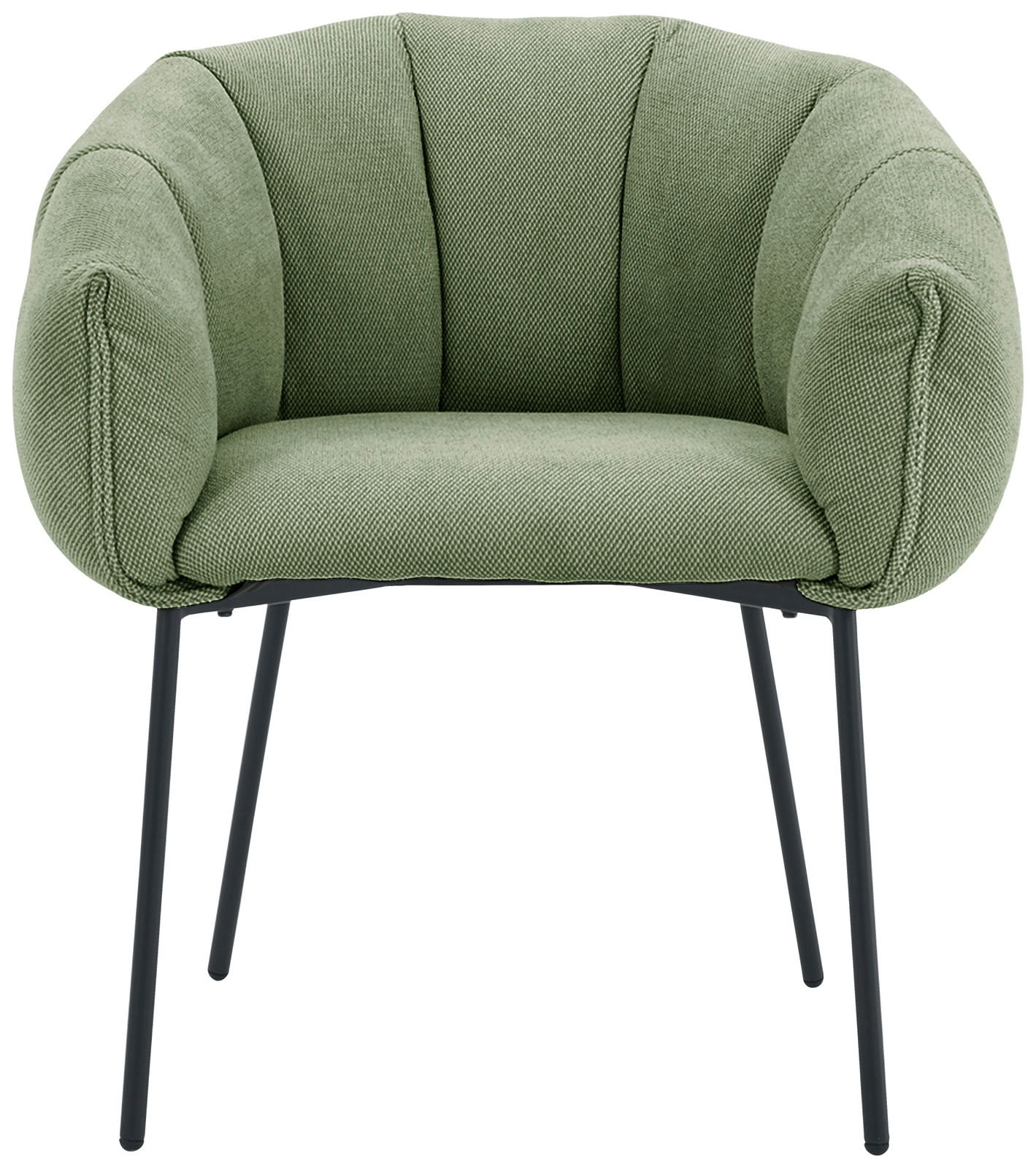 Grüner Armlehnstuhl mit gepolstertem Sitz und Rückenlehne, schwarze Metallbeine, Frontalansicht