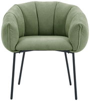 Grüner Armlehnstuhl mit gepolstertem Sitz und Rückenlehne, schwarze Metallbeine, Frontalansicht