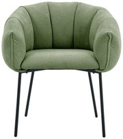 Groene fauteuil met gestoffeerde zitting en rugleuning, zwarte metalen poten, vooraanzicht
