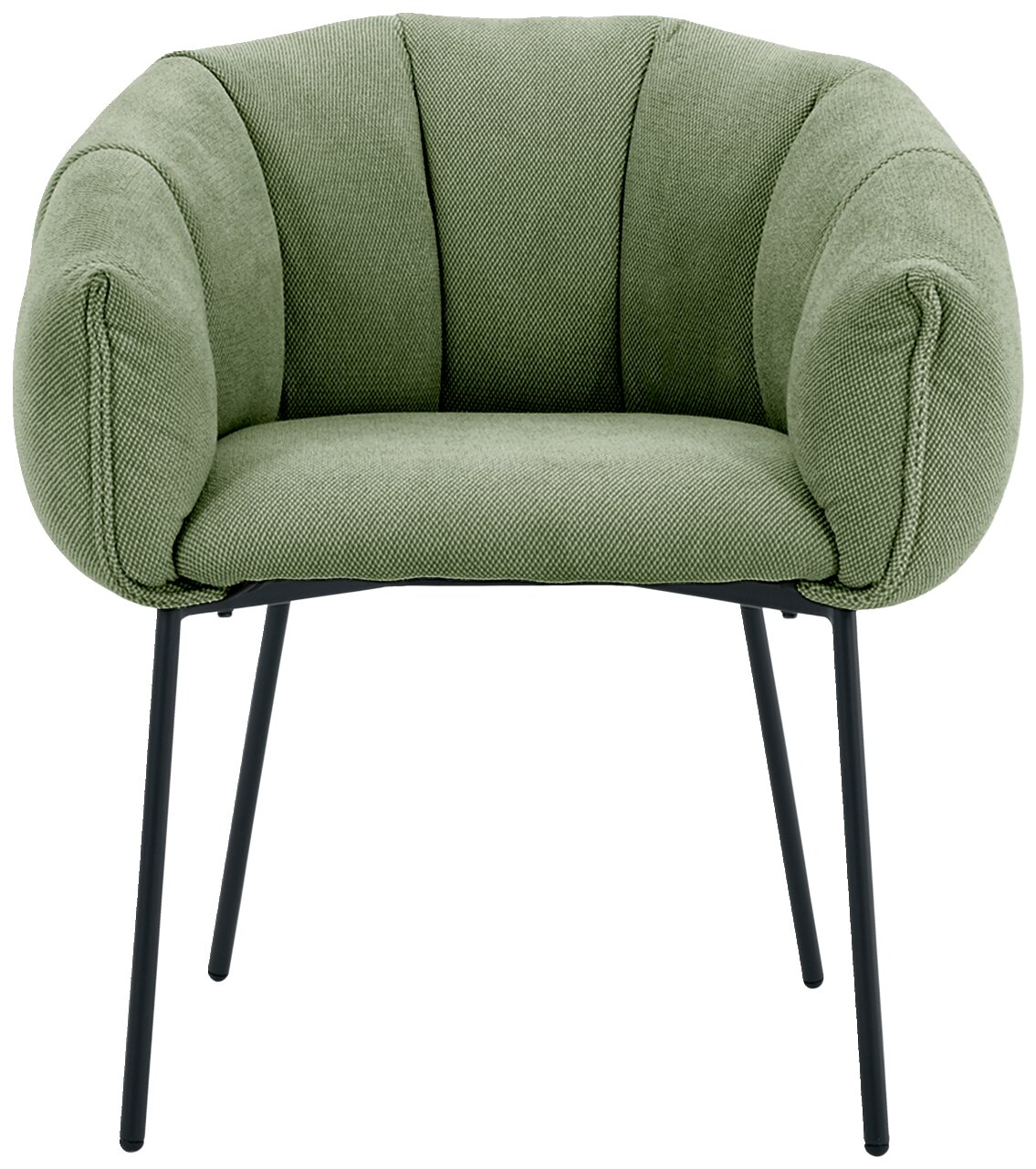 Groene fauteuil met gestoffeerde zitting en rugleuning, zwarte metalen poten, vooraanzicht
