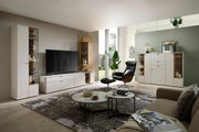 Moderne Vitrine im Wohnzimmer, links im Bild, mit Glasfronten und dekorativen Elementen, in einer eleganten, hellen Umgebung.