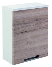 Moderner Oberschrank mit Holzoptik-Front und weißem Korpus, seitliche Perspektive