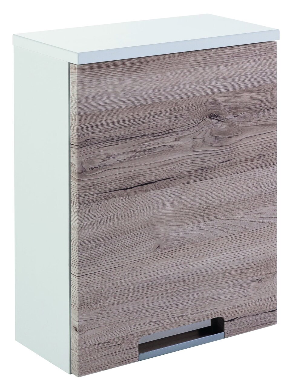 Moderner Oberschrank mit Holzoptik-Front und weißem Korpus, seitliche Perspektive