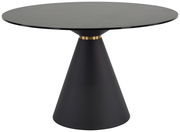 Runder Esstisch mit schwarzer, konischer Basis und dunkler Tischplatte, seitliche Perspektive