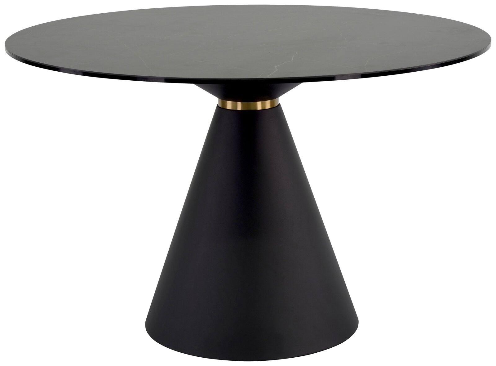 Runder Esstisch mit schwarzer, konischer Basis und dunkler Tischplatte, seitliche Perspektive