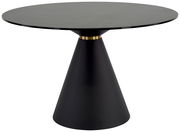 Runder Esstisch mit schwarzer, konischer Basis und dunkler Tischplatte, seitliche Perspektive