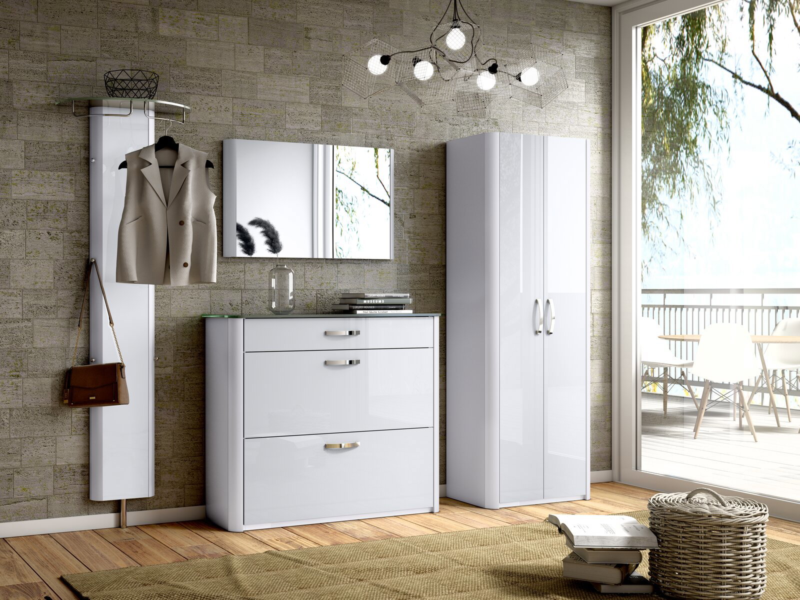 Moderano Garderobe MILANO Moderne Garderobe in einem hellen Raum mit Spiegel, Kleiderhaken und Schrank, seitliche Perspektive