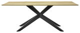Moderner Esstisch mit Holzplatte und schwarzem Metallgestell in X-Form, Seitenansicht