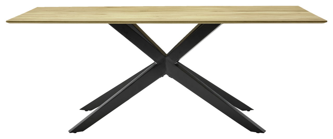 Moderner Esstisch mit Holzplatte und schwarzem Metallgestell in X-Form, Seitenansicht