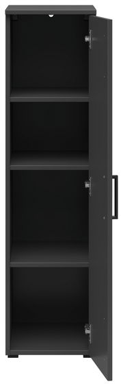 Schwarzer Mehrzweckschrank mit geöffneter Tür, drei Einlegeböden sichtbar, Frontalansicht