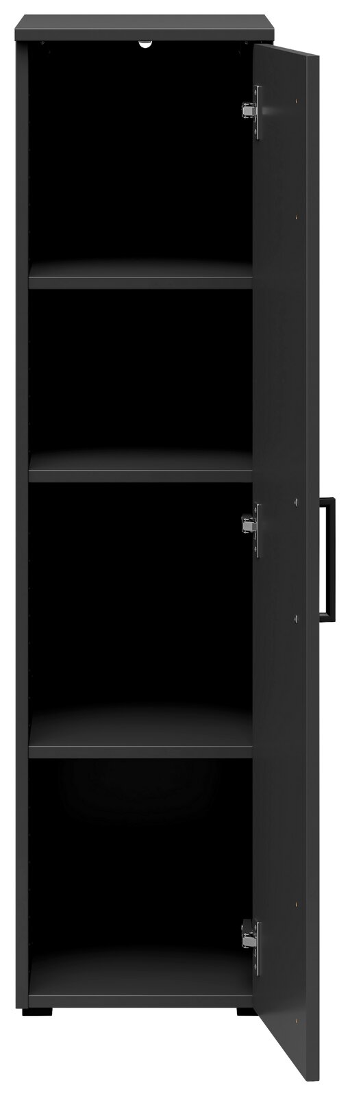 Schwarzer Mehrzweckschrank mit geöffneter Tür, drei Einlegeböden sichtbar, Frontalansicht