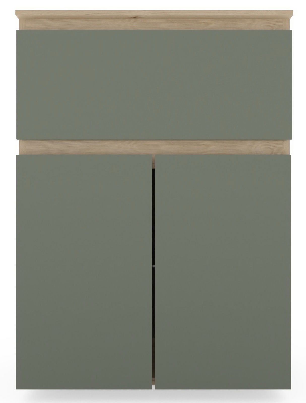 Frontansicht eines Unterschranks mit Abdeckplatte in modernem Design, graue Fronten und Holzdetails.