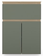 Frontansicht eines Unterschranks mit Abdeckplatte in modernem Design, graue Fronten und Holzdetails.