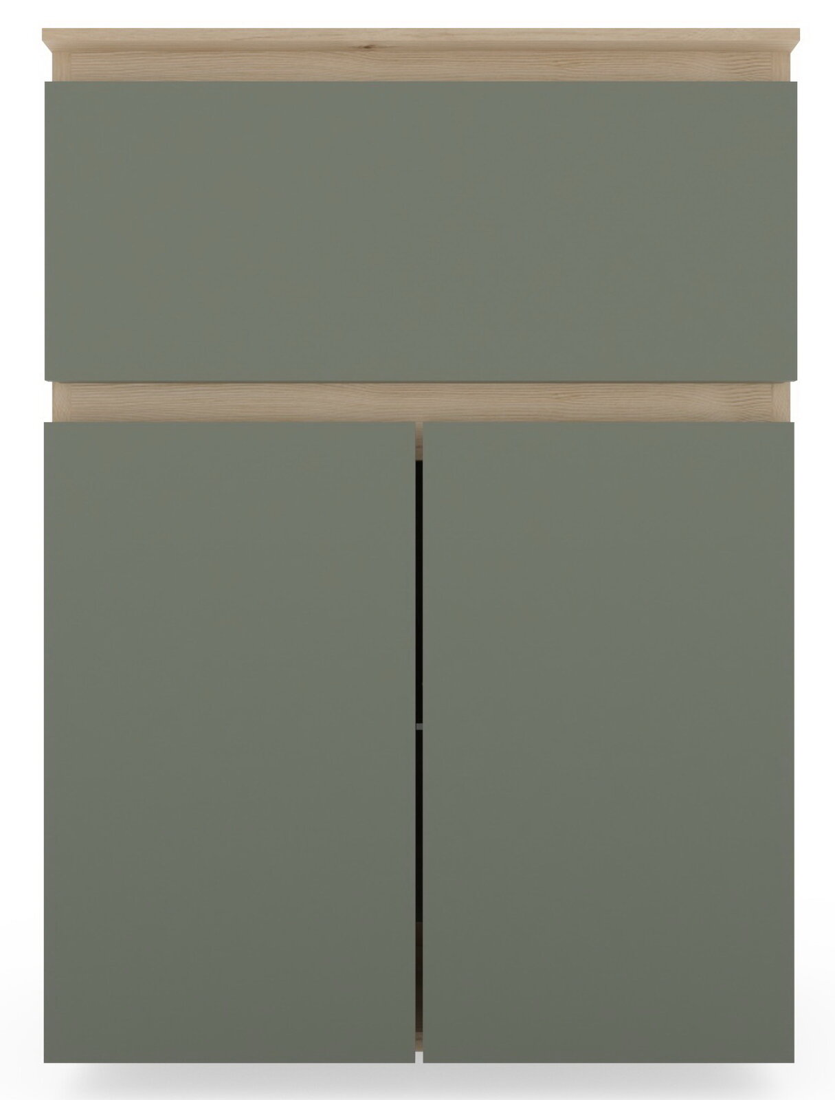 Frontansicht eines Unterschranks mit Abdeckplatte in modernem Design, graue Fronten und Holzdetails.