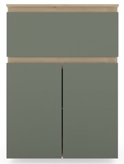 Frontansicht eines Unterschranks mit Abdeckplatte in modernem Design, graue Fronten und Holzdetails.
