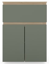 Frontansicht eines Unterschranks mit Abdeckplatte in modernem Design, graue Fronten und Holzdetails.