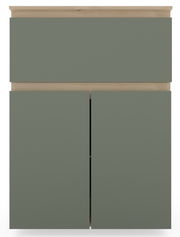 Frontansicht eines Unterschranks mit Abdeckplatte in modernem Design, graue Fronten und Holzdetails.