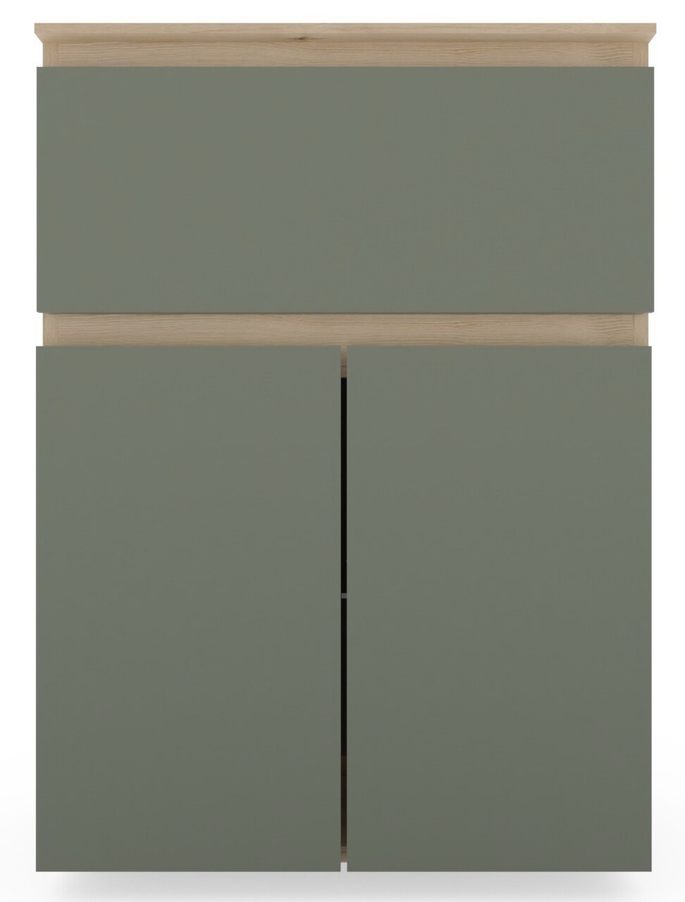 Sadena Unterschrank mit Abdeckplatte M-PLAN Frontansicht eines Unterschranks mit Abdeckplatte in modernem Design, graue Fronten und Holzdetails.