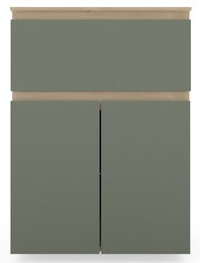 Frontansicht eines Unterschranks mit Abdeckplatte in modernem Design, graue Fronten und Holzdetails.