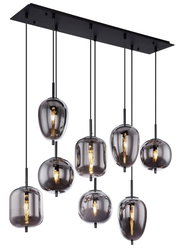 Moderne Hängeleuchte BLACKY mit sieben rauchgrauen Glaskugeln, die von einer schwarzen Deckenplatte hängen. Perspektive von unten.