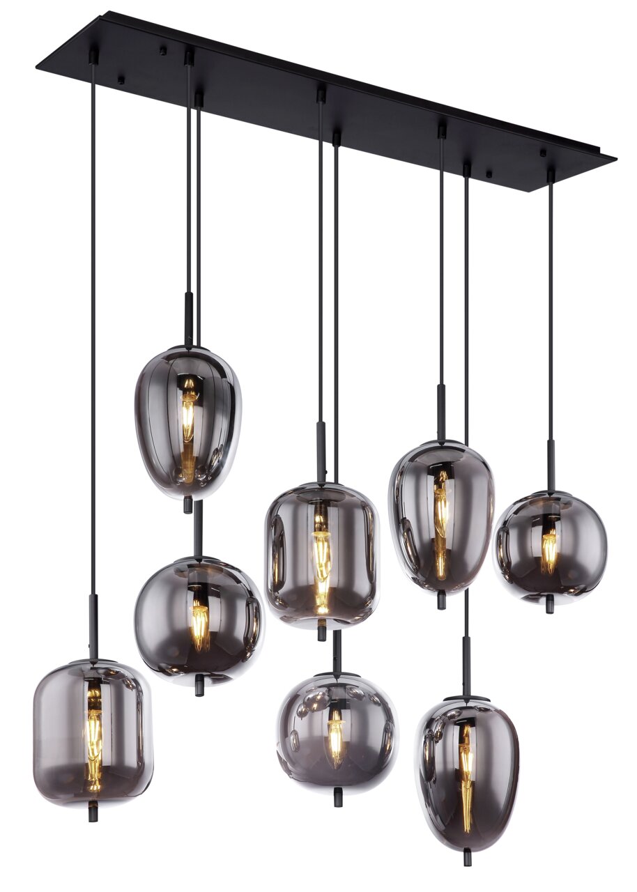 Globo Lighting Hanglamp zwart BLACKY Moderne hanglamp BLACKY met zeven rookgrijze glazen bollen, die aan een zwarte plafondplaat hangen. Aanzicht van onderaf.
