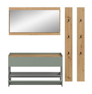 Garderoben-Set mit großem Wandspiegel im Holzrahmen, zwei Holzpaneelen mit schwarzen Haken und grünem Schuhschrank/Bank, frontale Ansicht