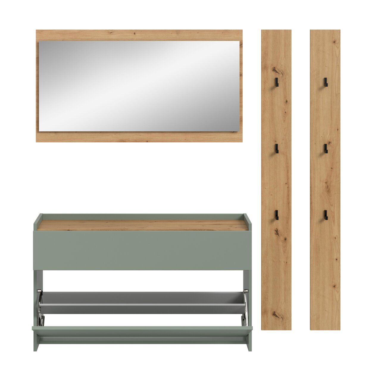 Garderoben-Set mit großem Wandspiegel im Holzrahmen, zwei Holzpaneelen mit schwarzen Haken und grünem Schuhschrank/Bank, frontale Ansicht