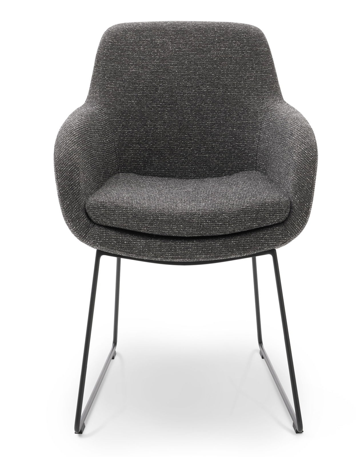 Grauer Armlehnstuhl mit Stoffbezug und Metallbeinen, Frontalansicht