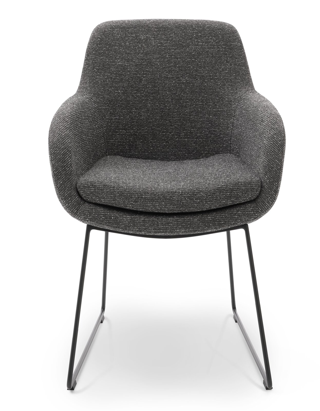 Grijze fauteuil met stoffen bekleding en metalen poten, vooraanzicht