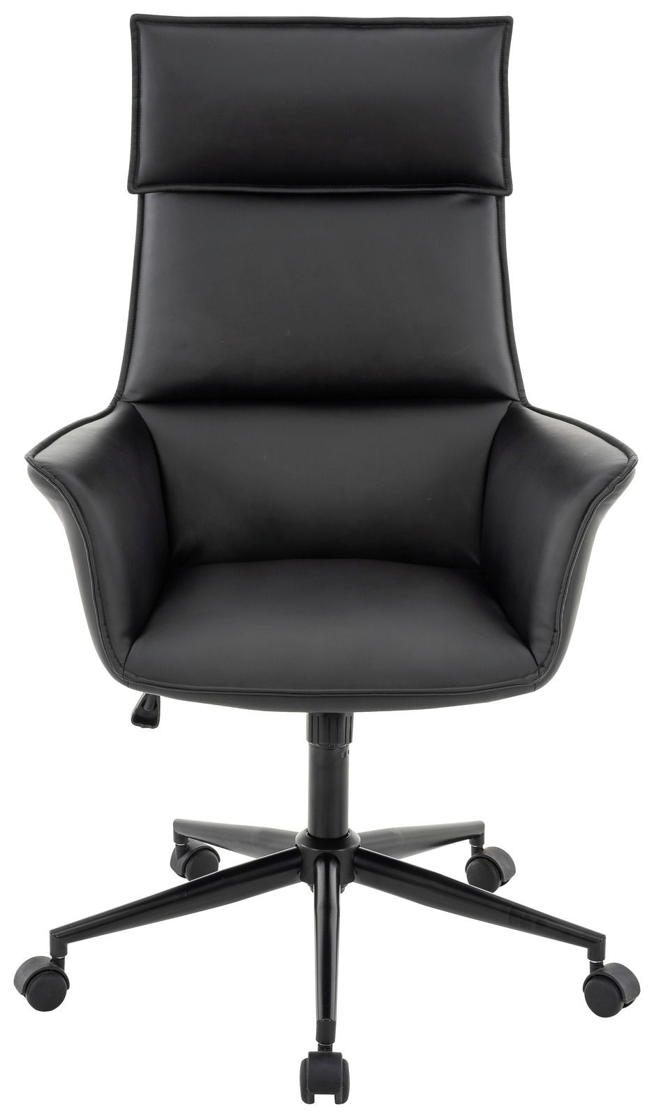 Schwarzer Chefsessel aus Leder mit hoher Rückenlehne und Armlehnen, Frontalansicht