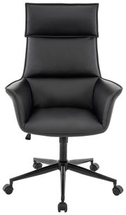 Schwarzer Chefsessel aus Leder mit hoher Rückenlehne und Armlehnen, Frontalansicht