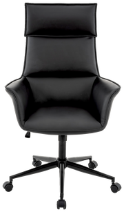 Schwarzer Chefsessel aus Leder mit hoher Rückenlehne und Armlehnen, Frontalansicht