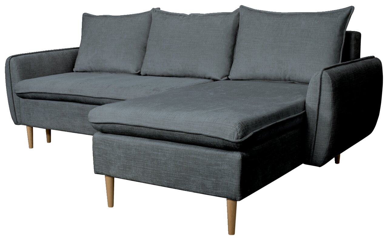 Graues Ecksofa mit Holzfüßen, Perspektive von vorne links