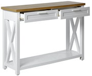 Weiße Konsole mit zwei Schubladen und einer Holzoberfläche, seitliche Perspektive