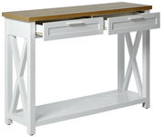 Weiße Konsole mit zwei Schubladen und einer Holzoberfläche, seitliche Perspektive